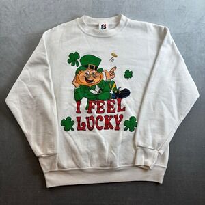 Vintage Signal Artwear I Feel Lucky Crewneck Sweatshirt White Men's Large